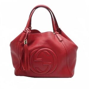AUTHENTIC Gucci Soho Red Pebbled Leather Top Handle Bag Satchel Tassel - Red